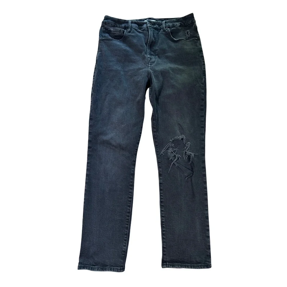 Good American Good Straight Distressed Jeans Black High Rise Size 12/31